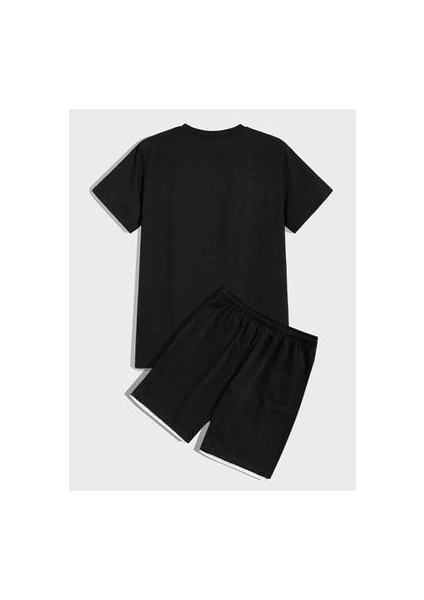 Nasa T-Shirt Şort - Siyah Alt Üst Kombin Şort Tişört Takım Baskılı Oversize Bisiklet Yaka