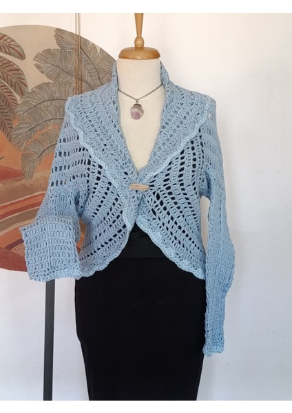 Tığ Işi El Örgüsü Fırfırlı Casual Mavi Ceket/hırka