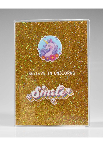 Çiçekli Unıcorn Sarı Simli Defter