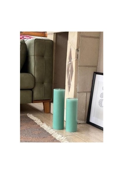 Mum Turkuaz 2li Sandal Ağacı Kokulu Silindir Büyük Mum Seti modelleri