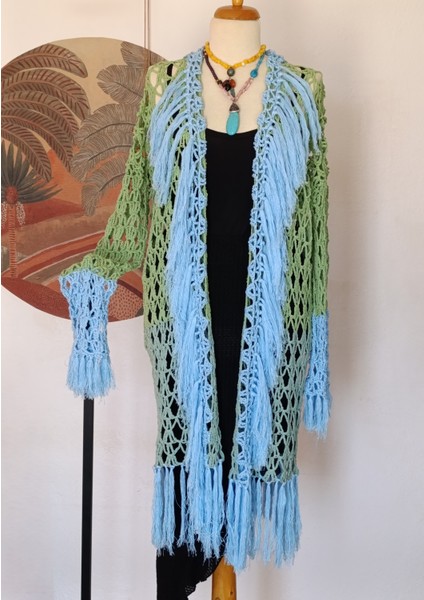 Hippybutik Kadın Püskül Detaylı Nil Yeşili ve Mavi/turkuaz Renkli Özel Tasarım El Örgüsü Hırka