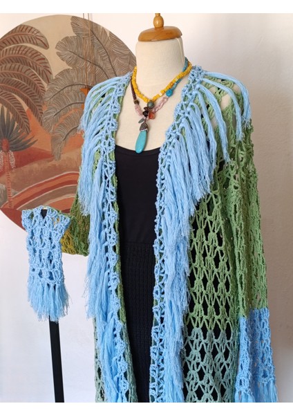 Hippybutik Kadın Püskül Detaylı Nil Yeşili ve Mavi/turkuaz Renkli Özel Tasarım El Örgüsü Hırka fiyatları