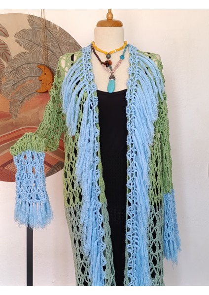 Hippybutik Kadın Püskül Detaylı Nil Yeşili ve Mavi/turkuaz Renkli Özel Tasarım El Örgüsü Hırka modelleri