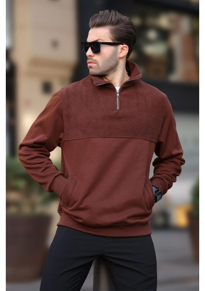 Acı Kahverengi Dik Yaka Yarım Fermuarlı Polar Sweatshirt 7096