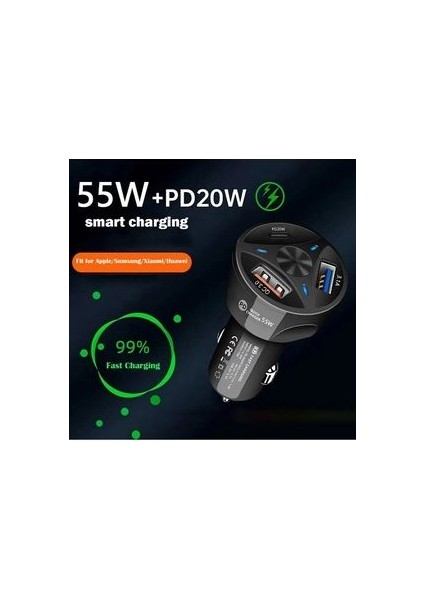 Araç Çakmaklık Şarjı 2 USB Çıkışlı +20W Pd Şarj Hızlı Şarj Destekli 55W