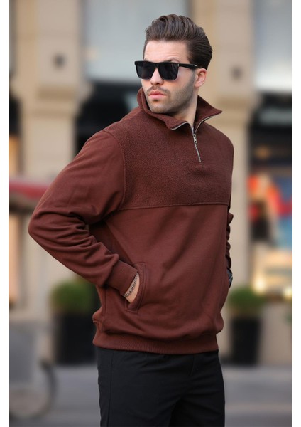 Acı Kahverengi Dik Yaka Yarım Fermuarlı Polar Sweatshirt 7096 fiyatları