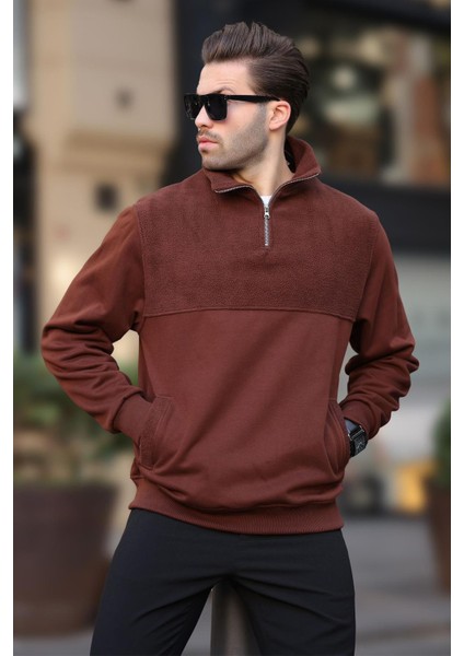 Acı Kahverengi Dik Yaka Yarım Fermuarlı Polar Sweatshirt 7096 modelleri