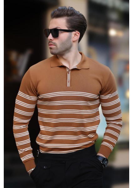 Kahverengi Düğmeli Polo Yaka Çizgili Uzun Kollu Kazak 7270 modelleri