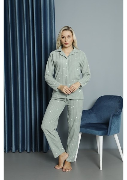 33005 Gömlek Yaka Yıldızlı Polar Kadın Pijama Takımı