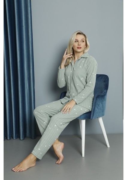 33005 Gömlek Yaka Yıldızlı Polar Kadın Pijama Takımı