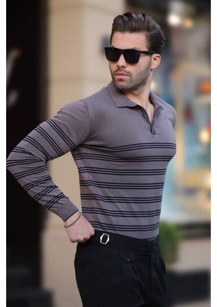 Gri Düğmeli Polo Yaka Çizgili Uzun Kollu Kazak 7270