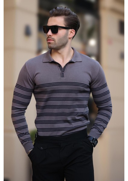Gri Düğmeli Polo Yaka Çizgili Uzun Kollu Kazak 7270 fiyatları