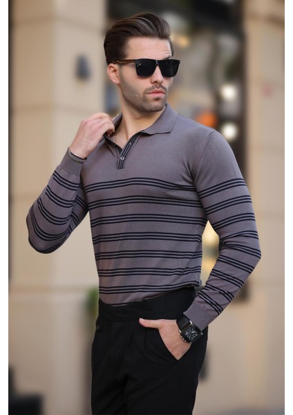 Gri Düğmeli Polo Yaka Çizgili Uzun Kollu Kazak 7270 modelleri