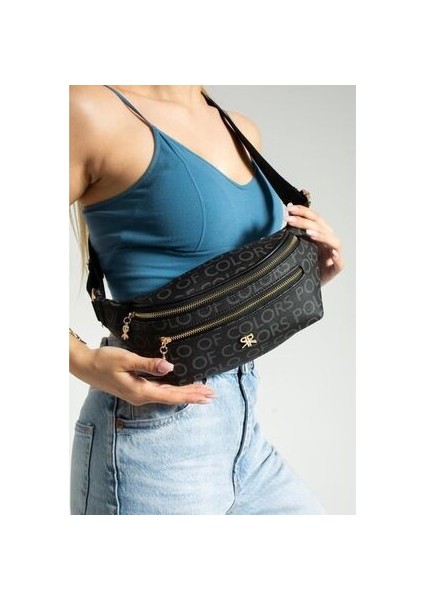 Impolo Miya Siyah Empirme Baskı Spor Kadın Bel Çanta 17X40 Ebatında