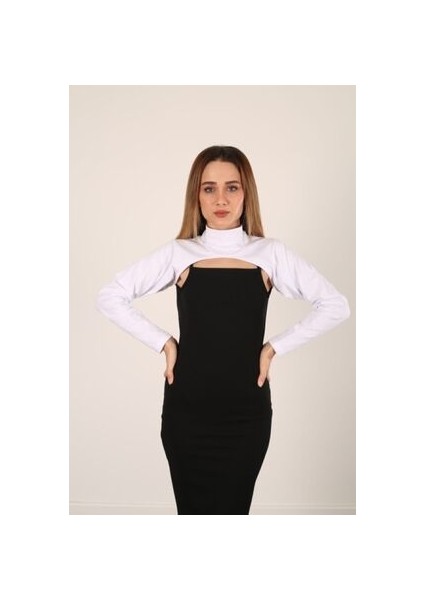 Dik Yaka Boyunluklu Kolluk - Beyaz Uzun Kollu Boyunluk Tesettür Boyunluk Balıkçı Yaka Bodysuit