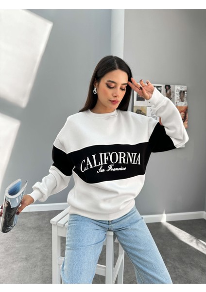 Kırık Beyaz California Baskı Garnili Sweat