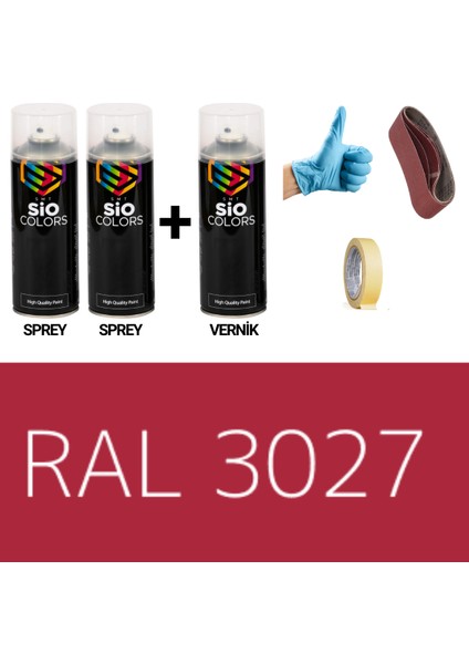 2 Adet Sprey+1 Adet Vernik Ahududu Kırmızı RAL-3027 Sprey Boya Seti 400 Ml+Zımpara+Kağıtbant+Eldiven