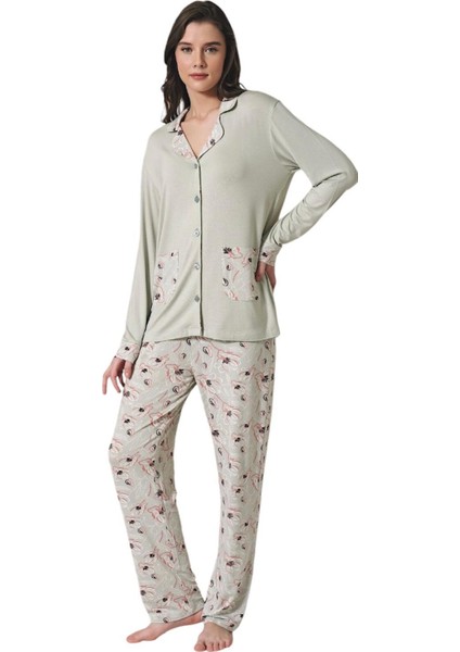 Kadın Yeşil Viskon Düğmeli Uzun Kollu Pijama Takımı 1728