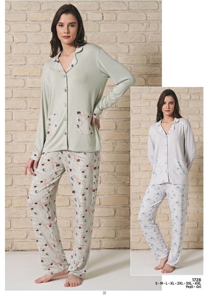 Kadın Yeşil Viskon Düğmeli Uzun Kollu Pijama Takımı 1728
