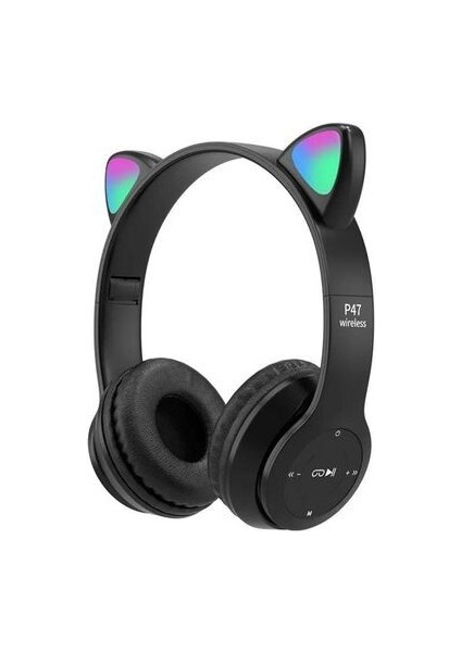 P47 Bluetooth Kedi Kulaklık LED Işıklı Katlanabilir Mikrofonlu Siyah