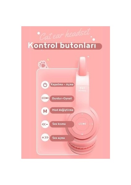 P47 Bluetooth Kedi Kulaklık LED Işıklı Katlanabilir Mikrofonlu Siyah modelleri