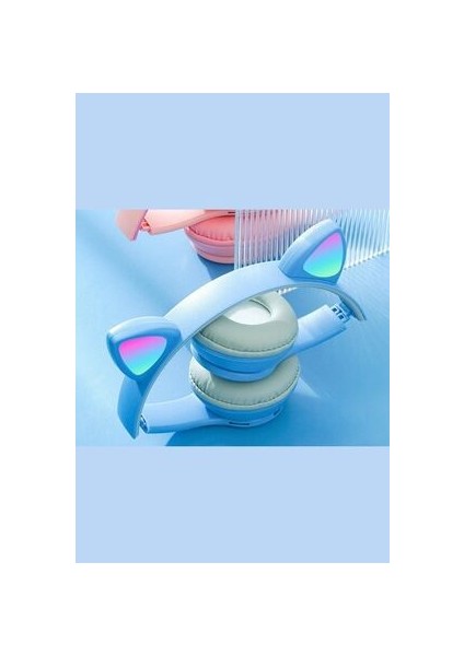 P47 Bluetooth Kedi Kulaklık LED Işıklı Katlanabilir Mikrofonlu Siyah indirimleri