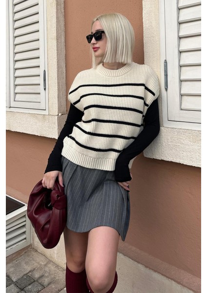 Ekru Çizgili Triko Süveter MG2159 fırsatları