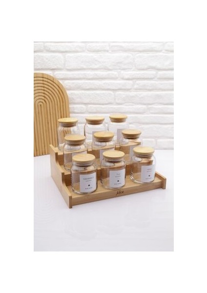 9'lu Bambu Vakum Kapak Cam Baharatlı Seti 300ML & Bambu Düzenleyici Stant