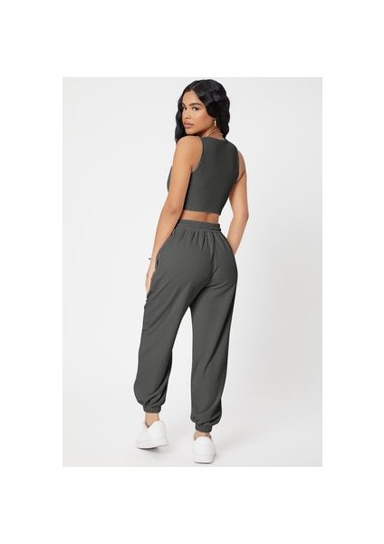 Kadın Antrasit Gri Kaşkorse Cepli Jogger Eşofman Altı ve Crop Top Bluz
