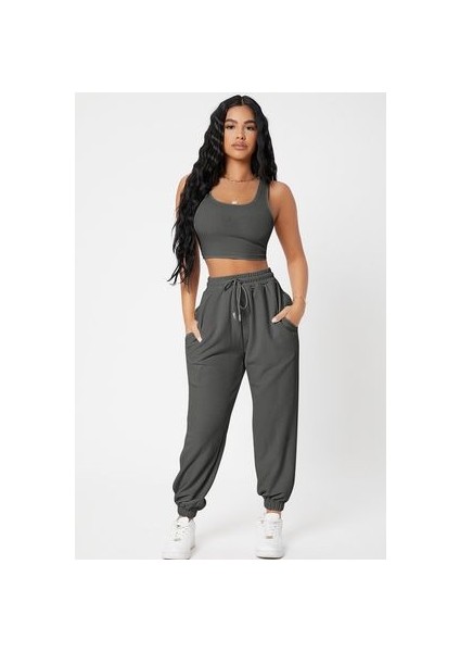 Kadın Antrasit Gri Kaşkorse Cepli Jogger Eşofman Altı ve Crop Top Bluz