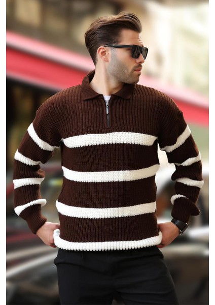Kahverengi Fermuarlı Polo Yaka Çizgili Uzun Kollu Kazak 7283