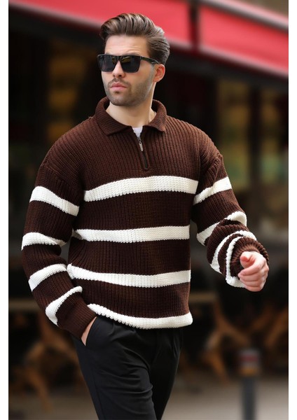 Kahverengi Fermuarlı Polo Yaka Çizgili Uzun Kollu Kazak 7283 fiyatları