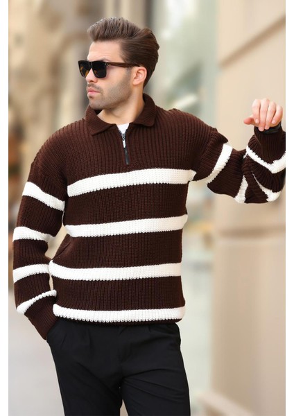 Kahverengi Fermuarlı Polo Yaka Çizgili Uzun Kollu Kazak 7283 modelleri