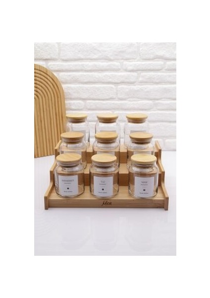 9'lu Bambu Vakum Kapak Cam Baharatlı Seti 300ML & Bambu Düzenleyici Stant