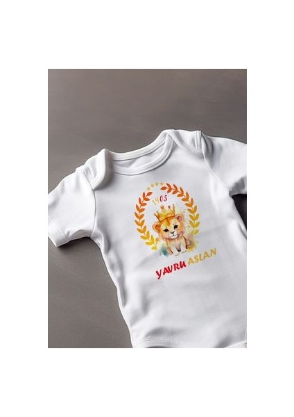 Kısa Kollu %100 Pamuklu Yavru Aslan Tasarımlı Bebek Body Zıbın