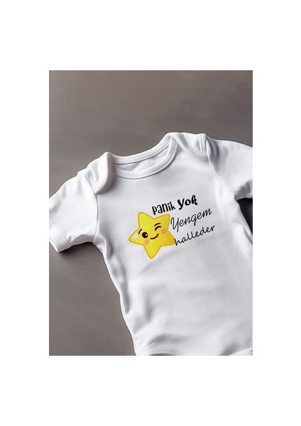Kısa Kollu %100 Pamuklu Panik Yok Yengem Halleder Tasarımlı Bebek Body Zıbın