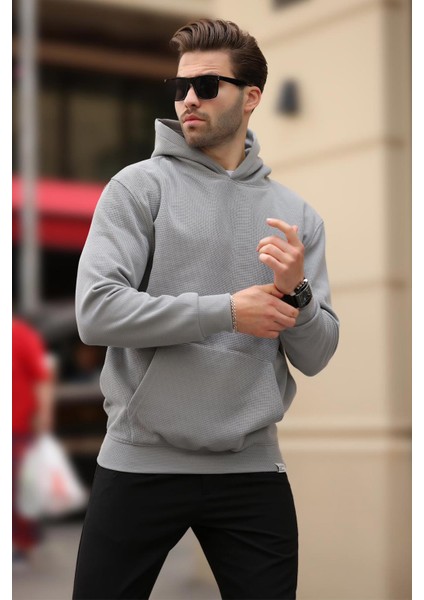 Boyalı Gri Kapüşonlu Cep Detaylı Sweatshirt 7095
