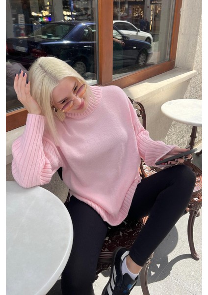Pembe Yarım Balıkçı Yaka Fitil Detaylı Kadın Kazak MG2156