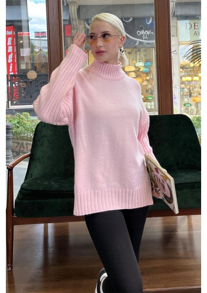 Pembe Yarım Balıkçı Yaka Fitil Detaylı Kadın Kazak MG2156 fiyatları