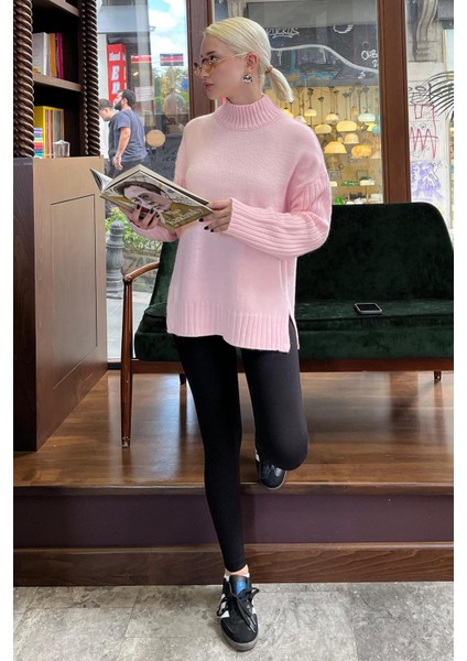 Pembe Yarım Balıkçı Yaka Fitil Detaylı Kadın Kazak MG2156 fırsatları