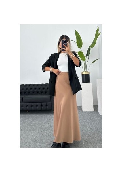 Saten Kumaş Beli Lastikli Uzun Etek