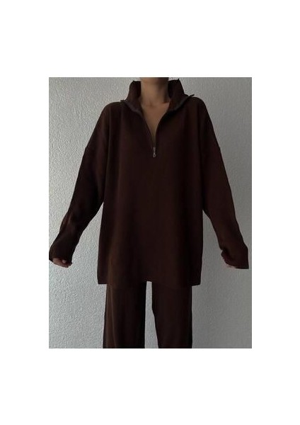 Örgü Detaylı Oversize Kazak Pantolon Triko Alt-Üst Takım