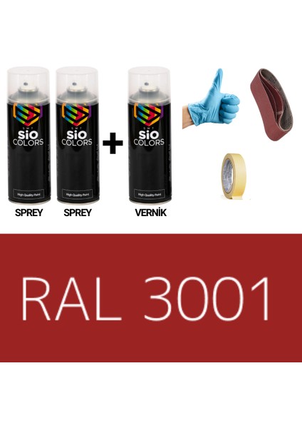 2 Adet Sprey+1 Adet Vernik Sinyal Kırmızı RAL-3001 Sprey Boya Seti 400 Ml+Zımpara+Kağıtbant+Eldiven