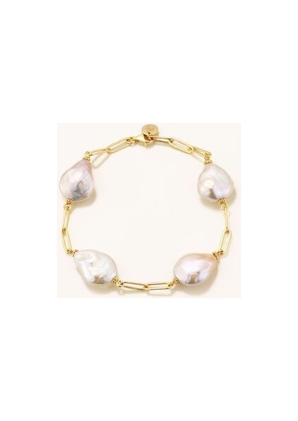 18 Ayar Altın Kaplama Gümüş Sıralı Natürel Barok Incili Zincirli Bileklik