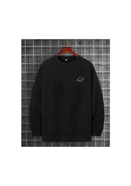 Siyah Minimal Jupiter Baskılı Oversize Sweatshirt Bisiklet Yaka Kışlık Şardonlu Kalın