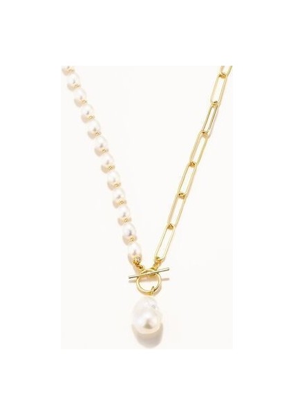 18 Ayar Altın Kaplama Gümüş Sallantılı Natürel Barok Incili Zincirli T Kilit Kolye