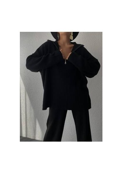 Örgü Detaylı Oversize Kazak Pantolon Triko Alt-Üst Takım