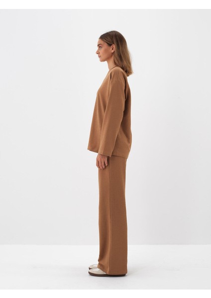 Kadın Camel Pamuk Dokulu Oversize Uzun Kollu Tişört modelleri