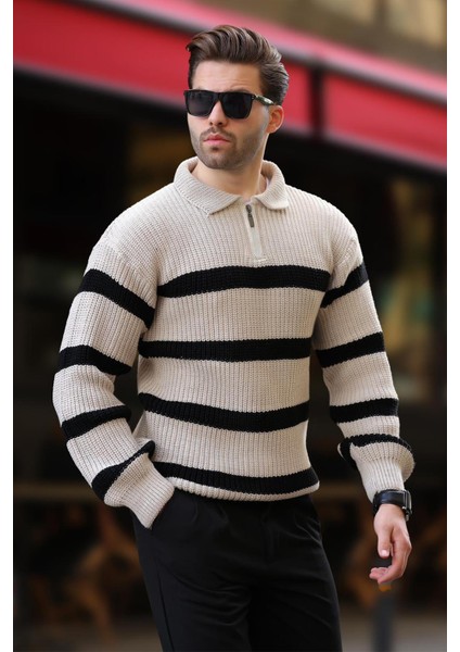 Bej Fermuarlı Polo Yaka Çizgili Uzun Kollu Kazak 7283