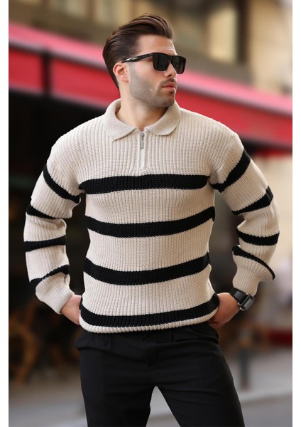 Bej Fermuarlı Polo Yaka Çizgili Uzun Kollu Kazak 7283 fiyatları